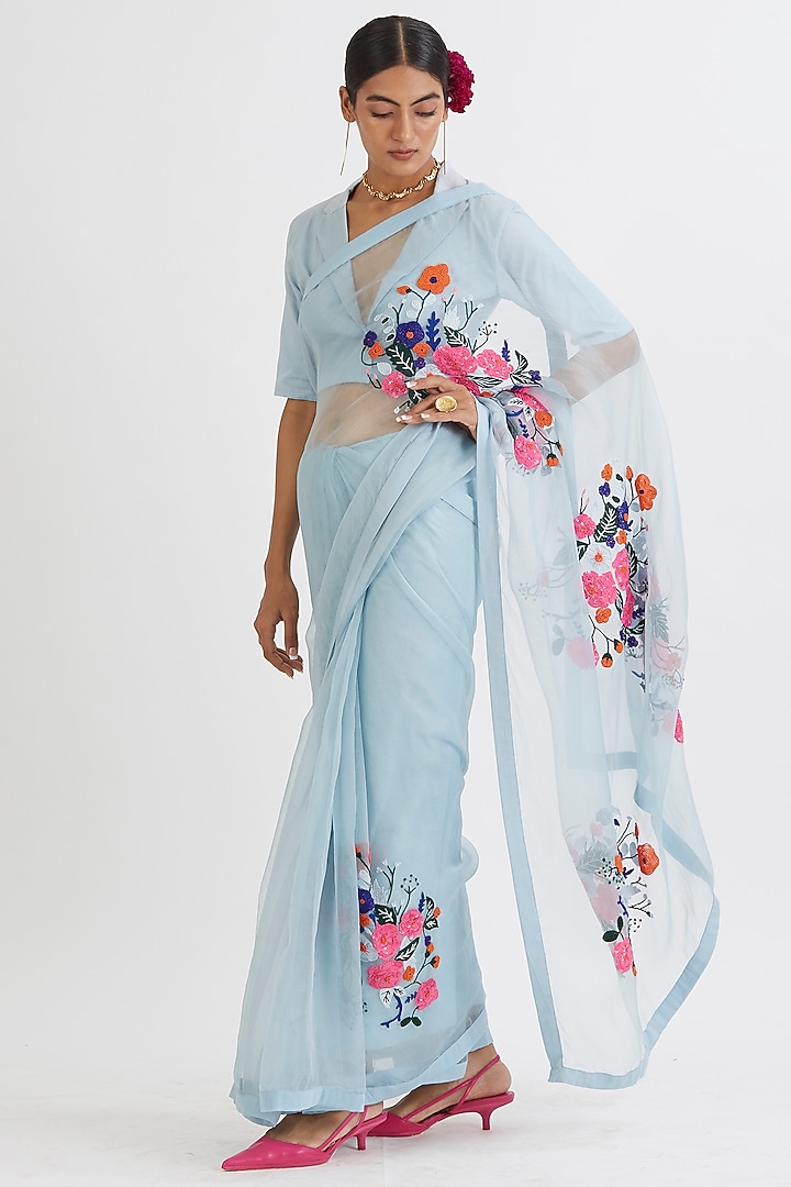 Powder Blue Sequins Embroidered Party Wear Saree Set by Peeli Dori at Pernia's Pop Up Shop