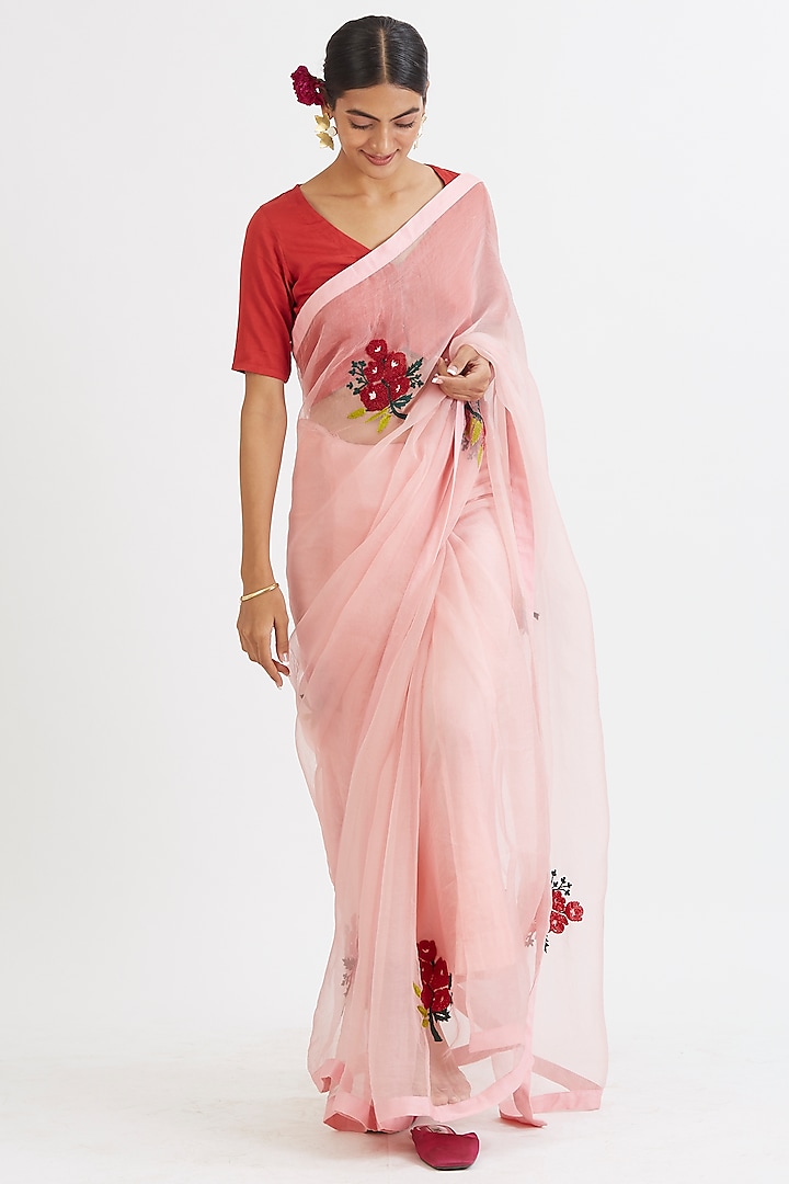 Pastel Pink Sequins Embroidered Saree Set by Peeli Dori