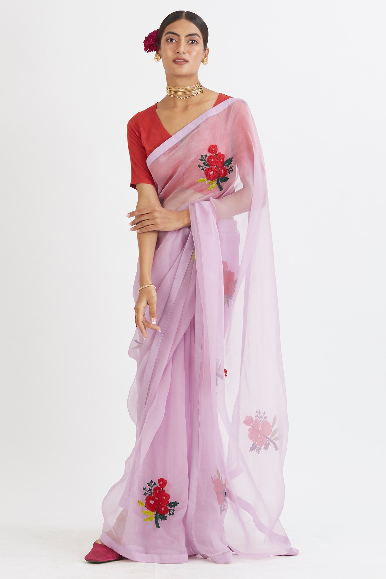 Powder White Saree In Organza With Colorful Resham Flowers On The Border  Along With Moti And