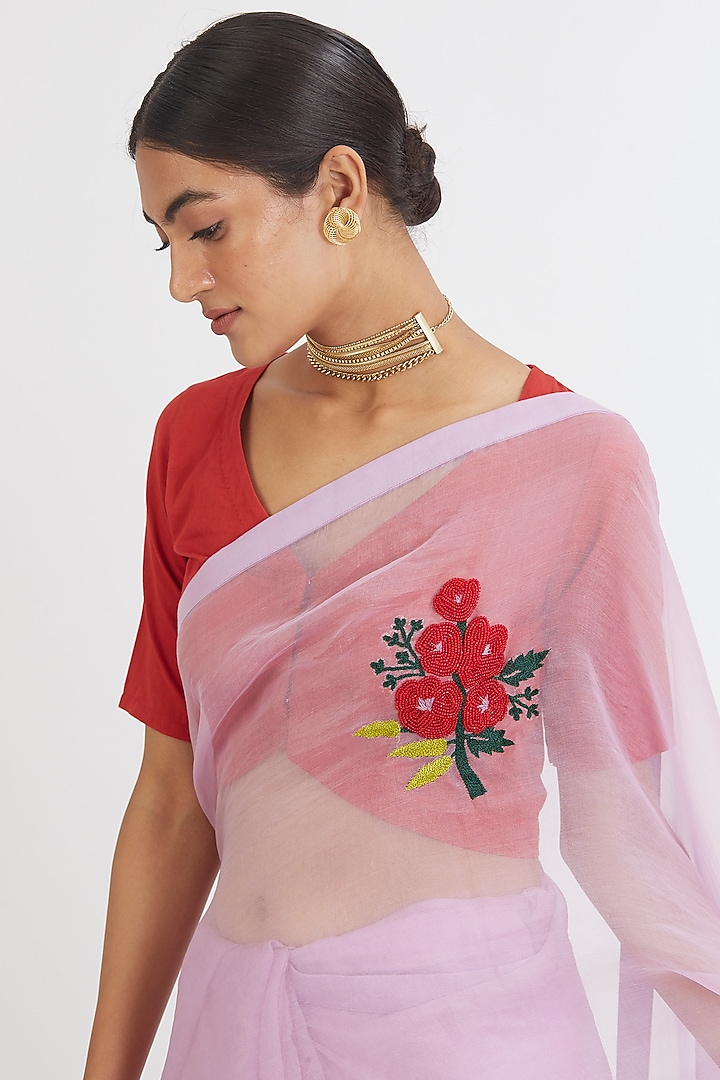 Lavender Hand Embroidered Festive Saree Set by Peeli Dori at Pernia's Pop Up Shop