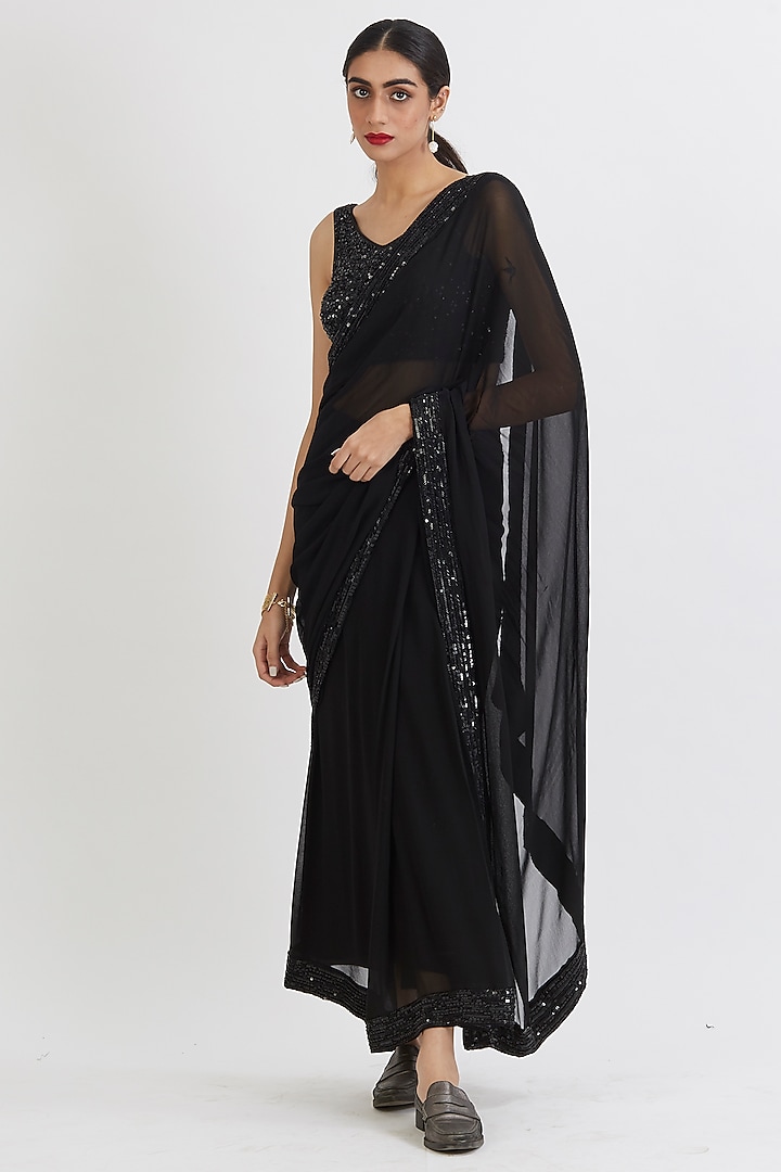 Black Sequins Embroidered Saree Set by Peeli Dori