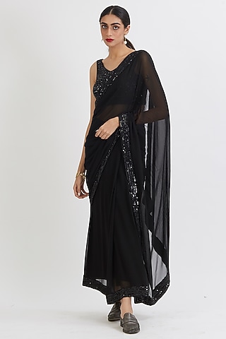Black Sequins Embroidered Saree Set by Peeli Dori