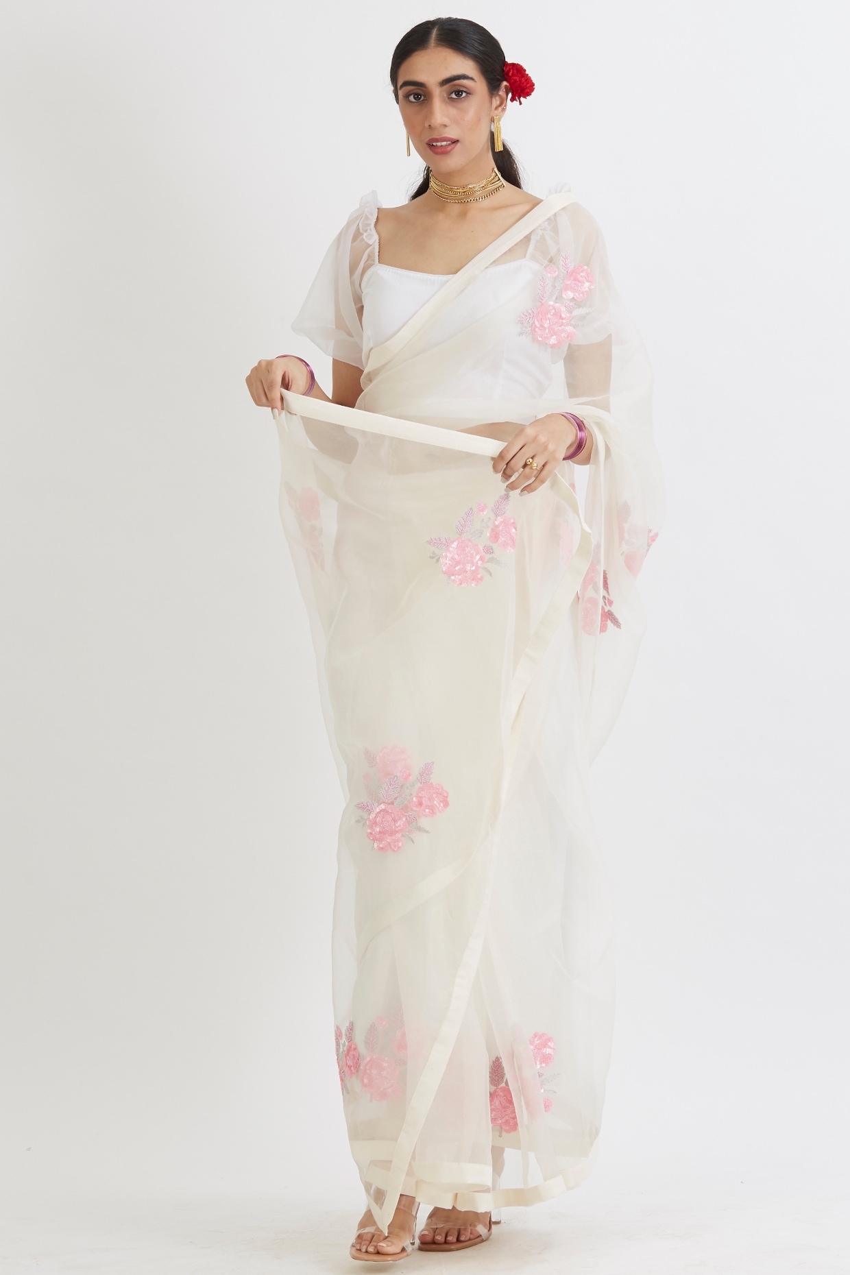 Eline- Ready to wear organza saree (Cream) – Hafsaad