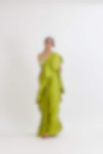 Lime Green Cotton Satin Ruffled Saree Set by Peeli Dori at Pernia's Pop Up Shop