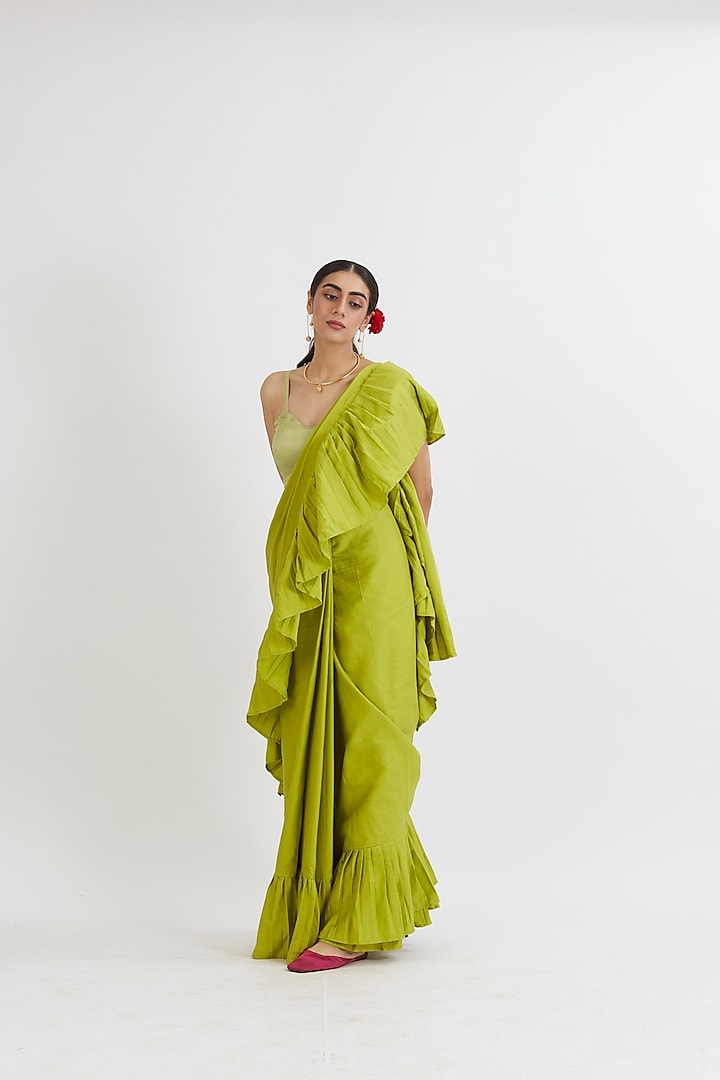Lime Green Cotton Satin Ruffled Saree Set by Peeli Dori