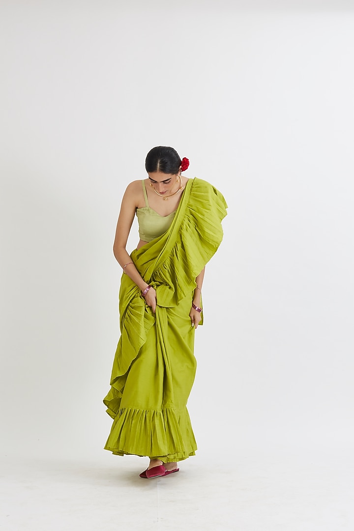Lime Green Cotton Satin Ruffled Festive Saree Set by Peeli Dori at Pernia's Pop Up Shop