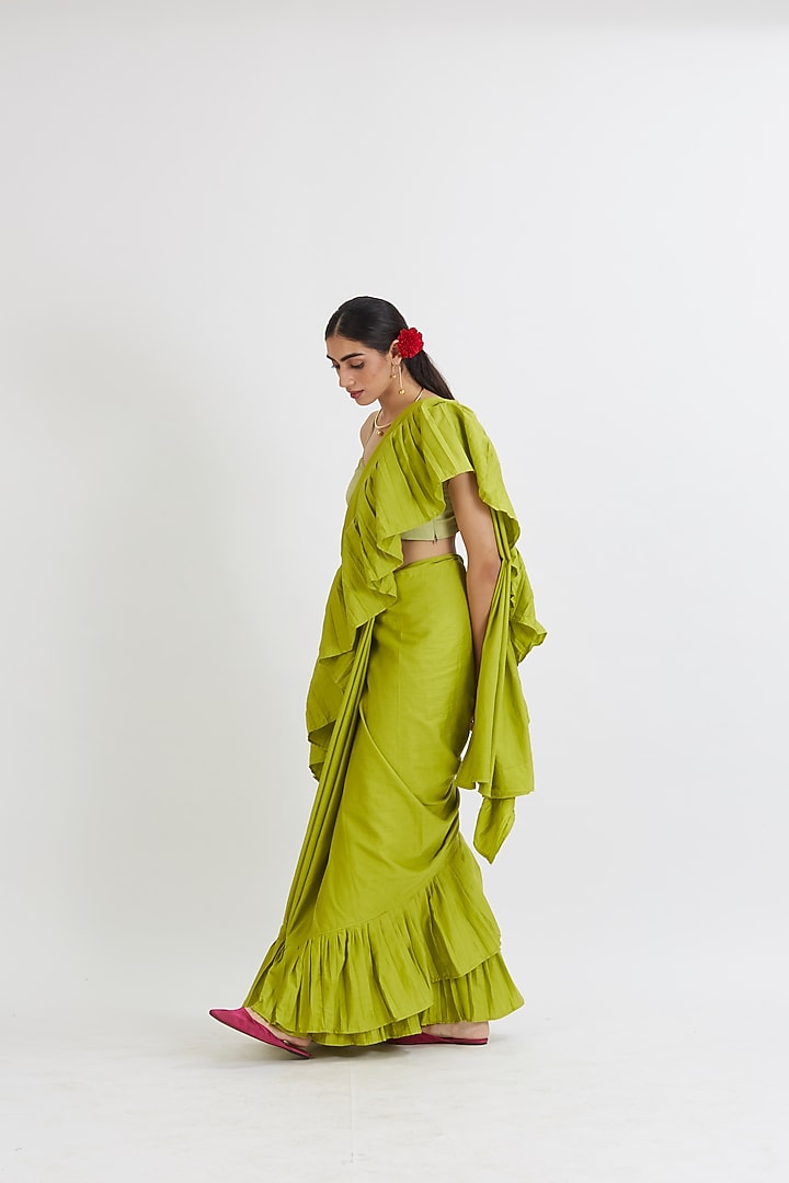 Lime Green Cotton Satin Ruffled Festive Saree Set by Peeli Dori at Pernia's Pop Up Shop
