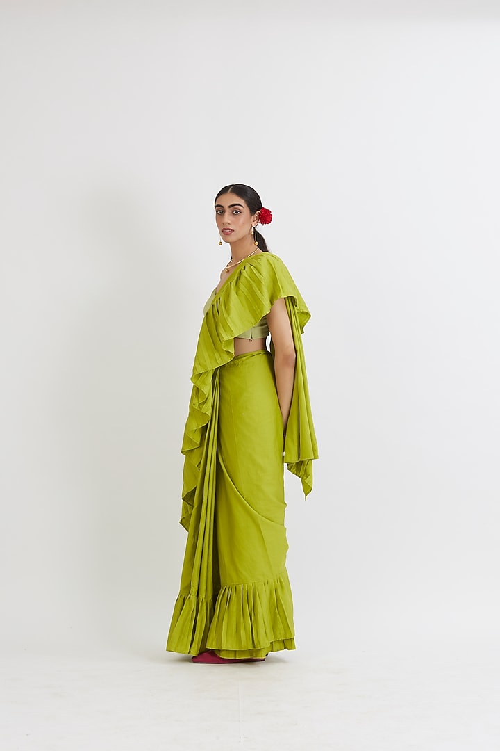 Lime Green Cotton Satin Ruffled Festive Saree Set by Peeli Dori at Pernia's Pop Up Shop
