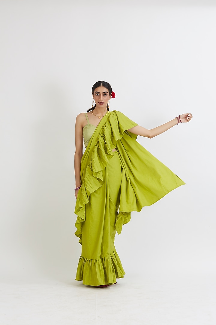 Lime Green Cotton Satin Ruffled Festive Saree Set by Peeli Dori at Pernia's Pop Up Shop