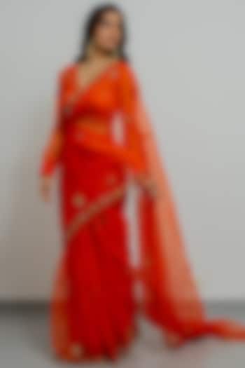 Tangy Orange Silk Organza Hand Embroidered Party Wear Saree Set by Peeli Dori at Pernia's Pop Up Shop