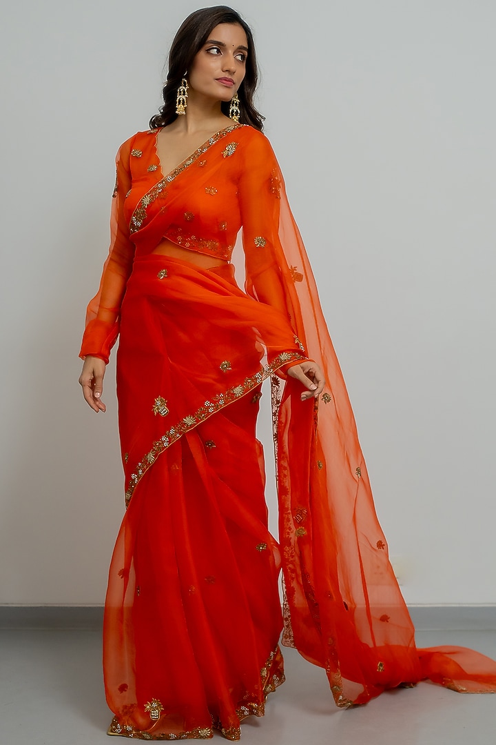 Tangy Orange Silk Organza Hand Embroidered Party Wear Saree Set by Peeli Dori at Pernia's Pop Up Shop