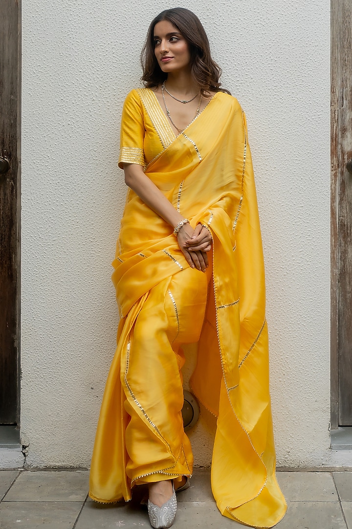 Sunflower Yellow Satin Silk Saree Set Design by Peeli Dori at