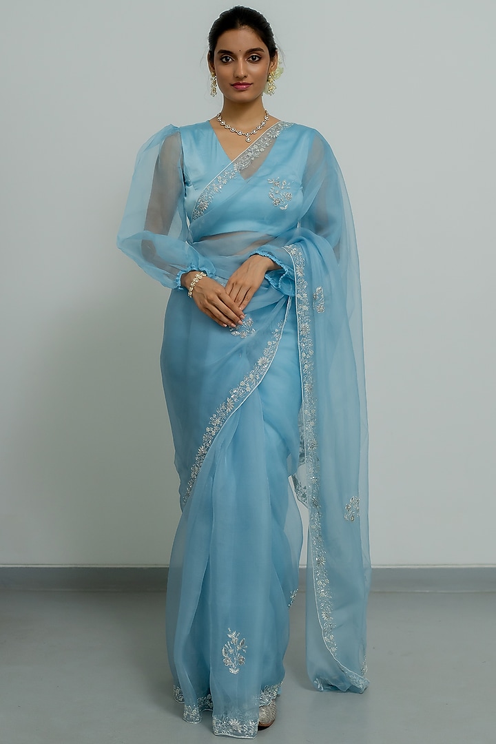 Powder Blue Silk Organza Hand Embroidered Saree Set by Peeli Dori at Pernia's Pop Up Shop