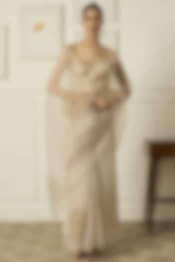 Beige Silk Organza Hand Embroidered Party Wear Saree Set by Peeli Dori at Pernia's Pop Up Shop