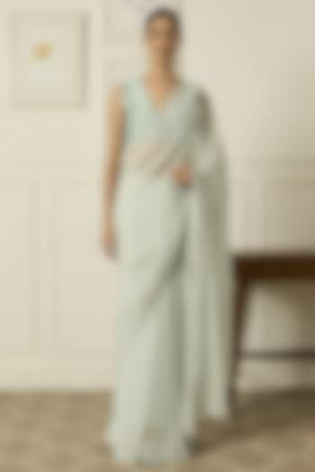 Mint Green Chiffon Saree Set by Peeli Dori at Pernia's Pop Up Shop