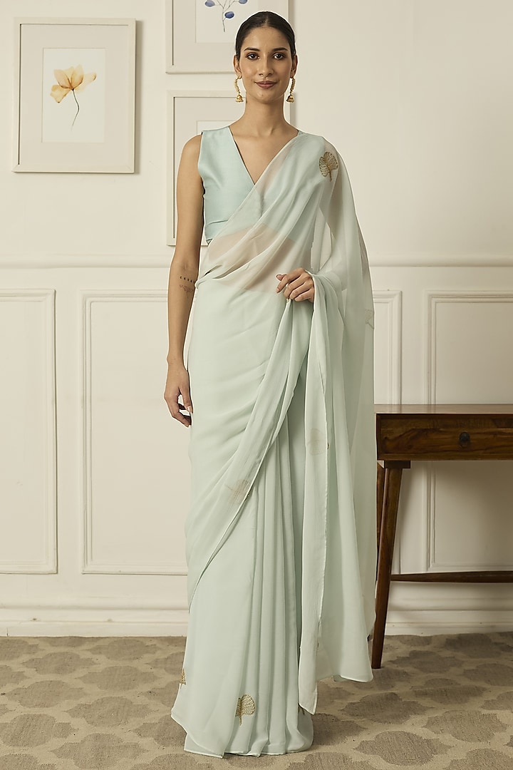 Mint Green Chiffon Saree Set by Peeli Dori at Pernia's Pop Up Shop