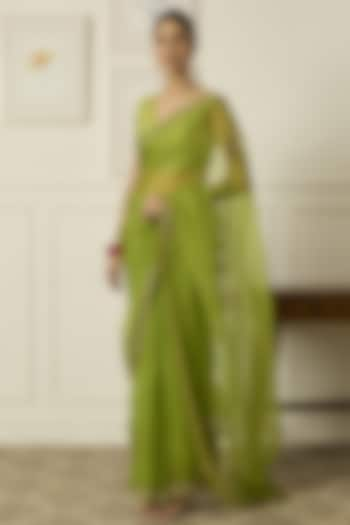 Lime Green Silk Organza Hand Embroidered Saree Set by Peeli Dori at Pernia's Pop Up Shop