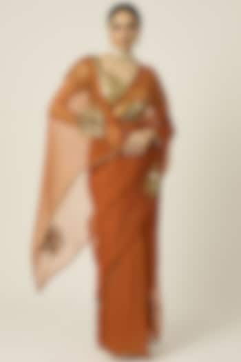 Tangerine Orange Silk Organza Hand Embroidered Saree Set by Peeli Dori at Pernia's Pop Up Shop