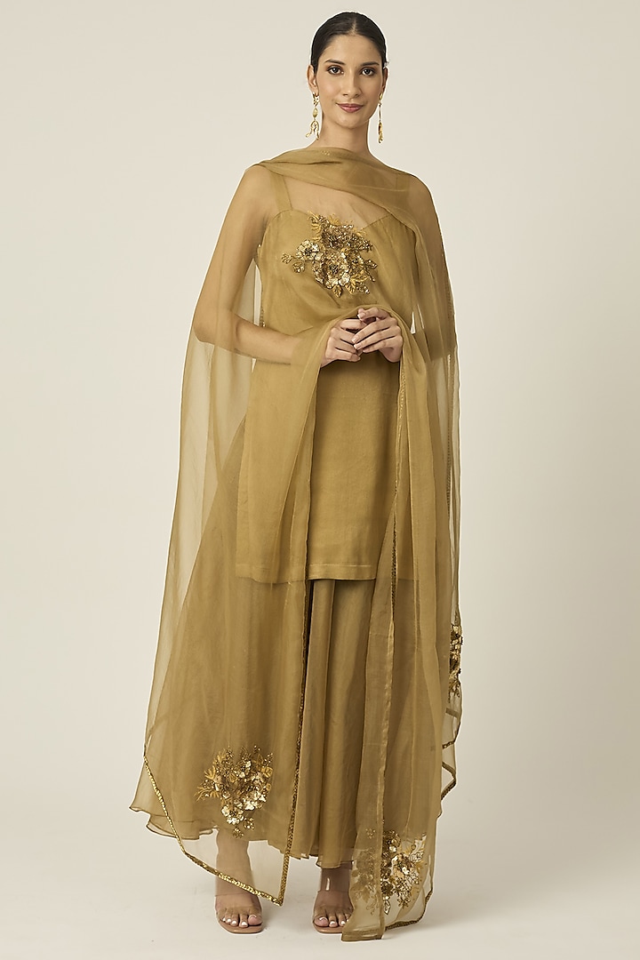 Gold Silk Satin Sequins Embroidered Kurta Set by Peeli Dori at Pernia's Pop Up Shop