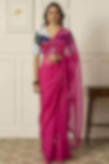 Peacock Pink Silk Organza Resham Embroidered Saree Set by Peeli Dori at Pernia's Pop Up Shop