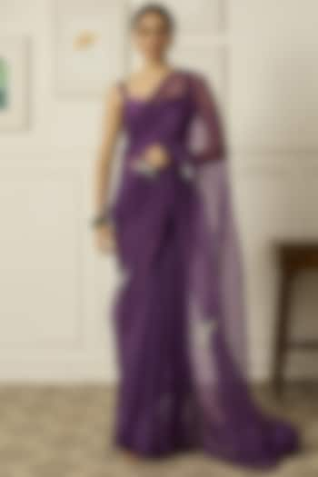 Purple Silk Organza Embroidered Saree Set by Peeli Dori at Pernia's Pop Up Shop