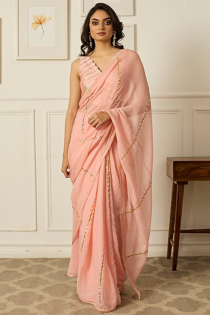 Pastel Pink Chiffon Saree Set by Peeli Dori at Pernia's Pop Up Shop