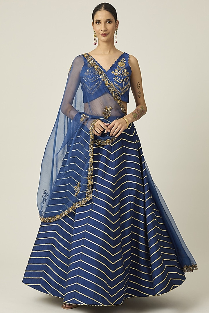 Ink Blue Raw Silk Gota Work Wedding Lehenga Set by Peeli Dori at Pernia's Pop Up Shop