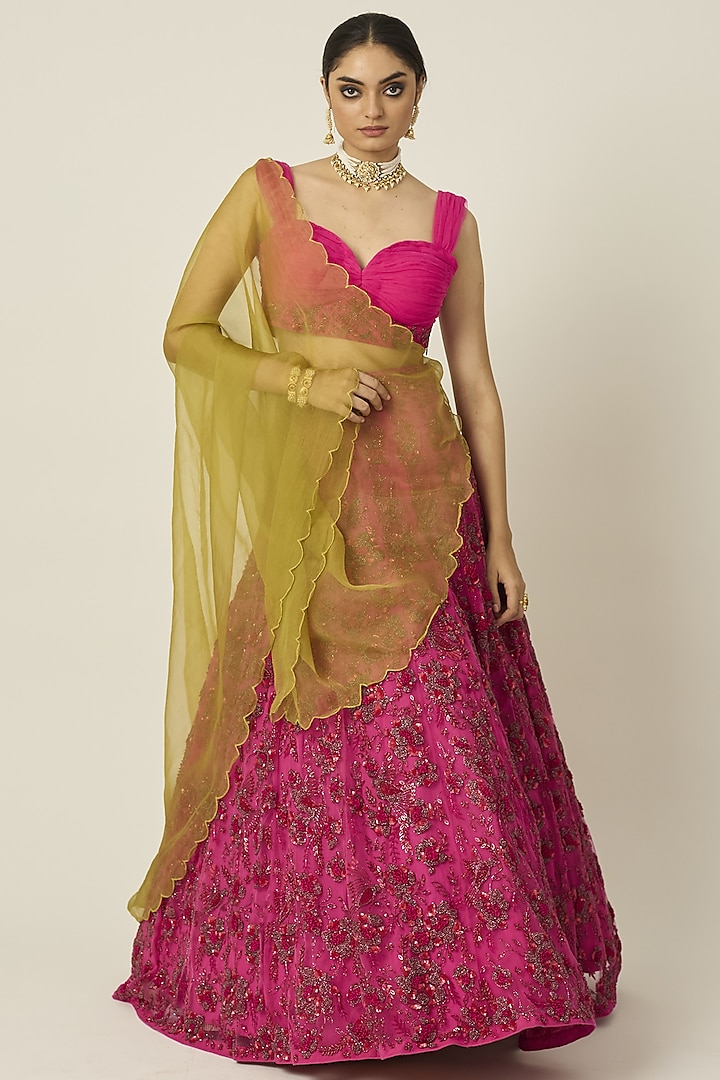 Valentino Pink Net Hand Embroidered Bridal Lehenga Set by Peeli Dori at Pernia's Pop Up Shop