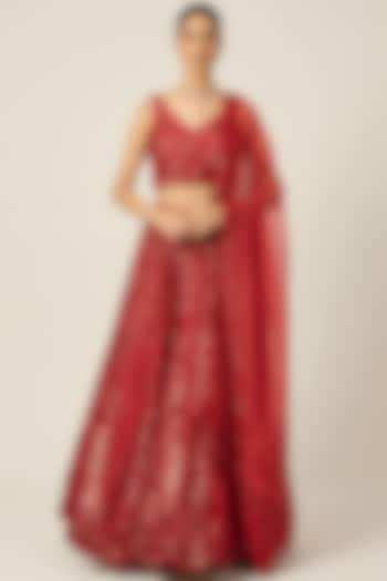 Red Georgette Hand Embroidered Wedding Lehenga Set by Peeli Dori at Pernia's Pop Up Shop