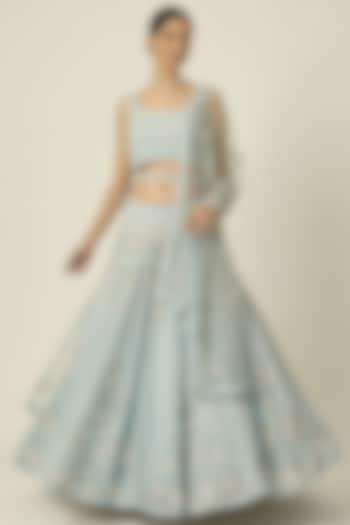 Powder Blue Pure Georgette Sequins Embroidered Wedding Lehenga Set by Peeli Dori at Pernia's Pop Up Shop