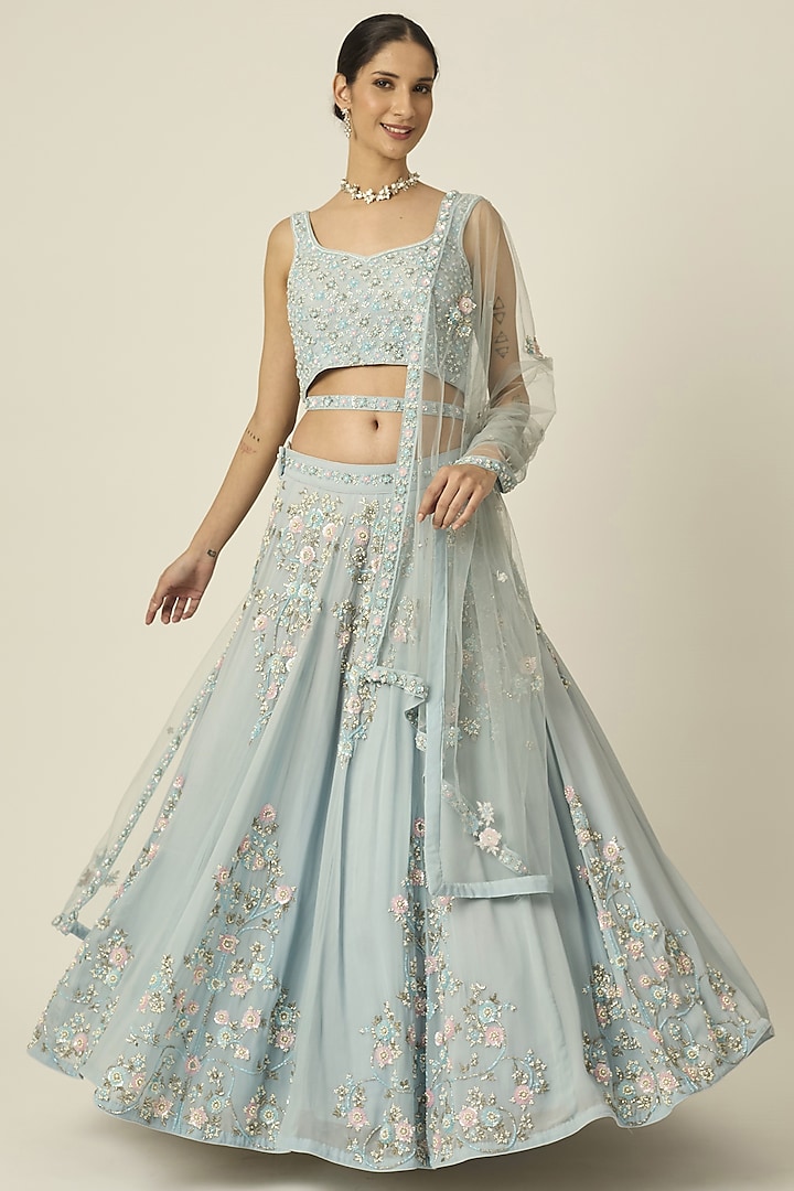 Powder Blue Pure Georgette Sequins Embroidered Wedding Lehenga Set by Peeli Dori at Pernia's Pop Up Shop