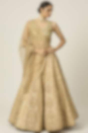 Golden Beige Raw Silk Zari Embroidered Wedding Lehenga Set by Peeli Dori at Pernia's Pop Up Shop