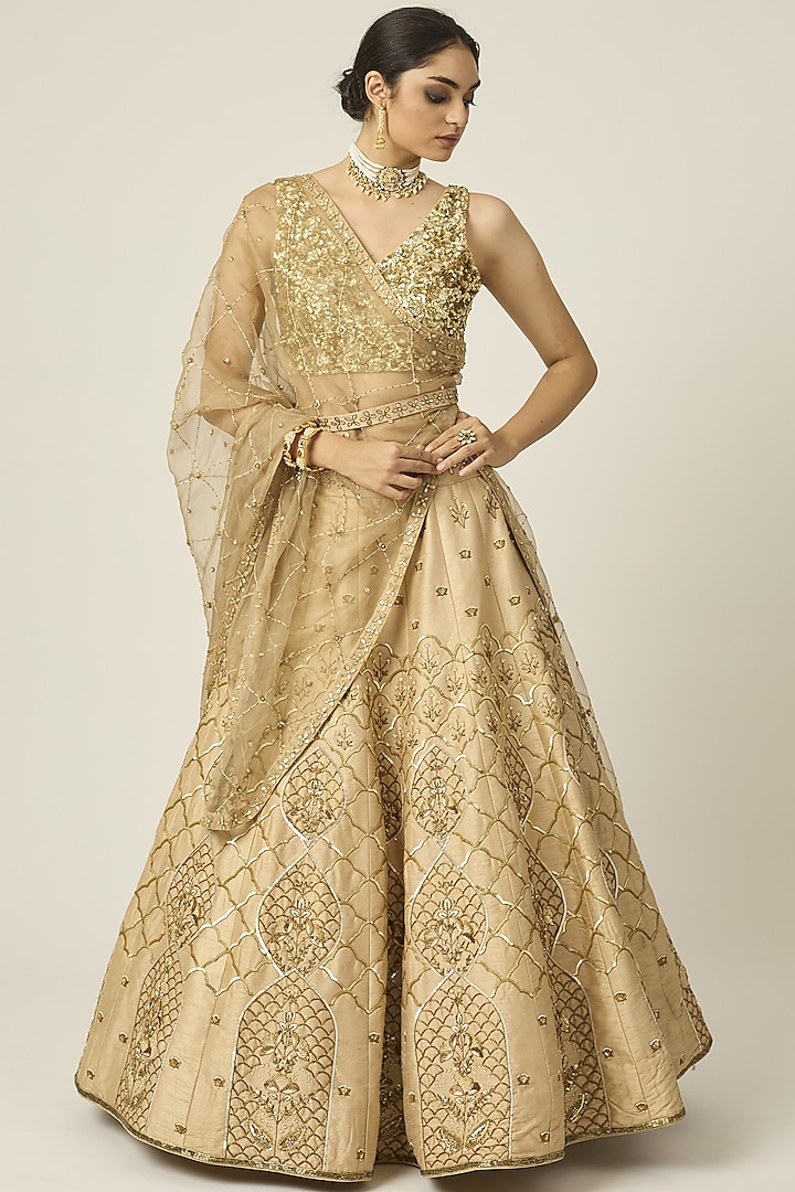 Golden Beige Raw Silk Zari Embroidered Wedding Lehenga Set by Peeli Dori at Pernia's Pop Up Shop