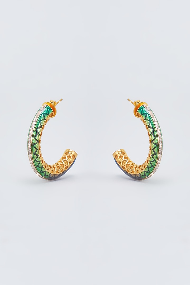 Two Tone Finish Cubic Zirconia Enameled Hoop Earrings In Sterling Silver by Plume Jewellery at Pernia's Pop Up Shop