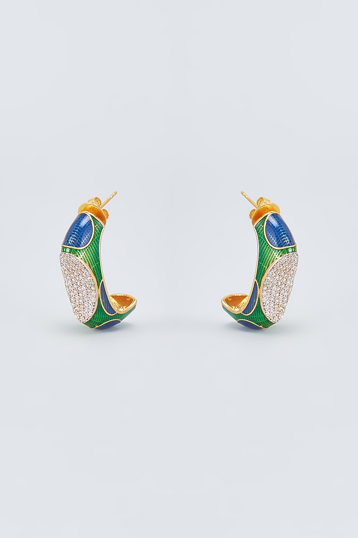 Two Tone Finish Cubic Zirconia Enameled Hoop Earrings In Sterling Silver by Plume Jewellery at Pernia's Pop Up Shop