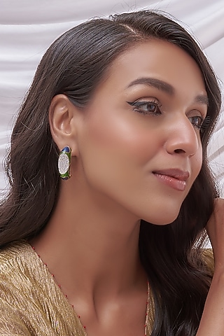 Two Tone Finish Cubic Zirconia Enameled Hoop Earrings In Sterling Silver by Plume Jewellery