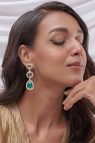 Two Tone Finish Green Onyx & Zirconia Dangler Earrings In Sterling Silver by Plume Jewellery