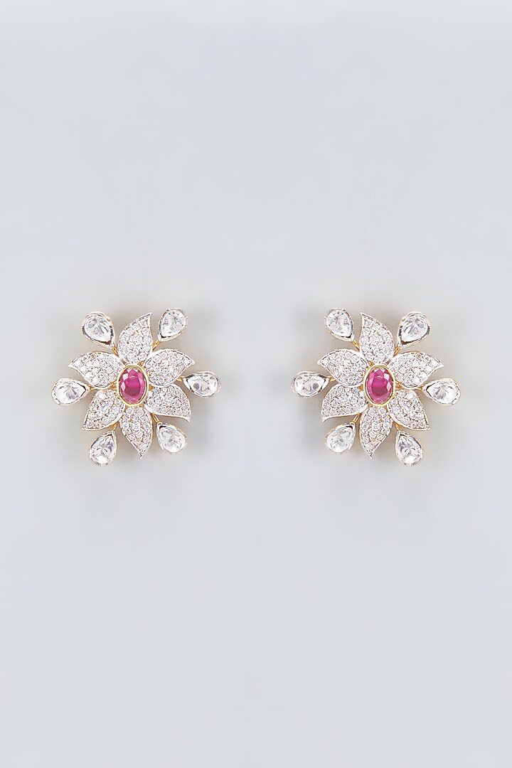 Two Tone Finish Kundan Polki & Cubic Zirconia Stud Earrings In Sterling Silver by Plume Jewellery at Pernia's Pop Up Shop