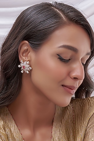 Two Tone Finish Kundan Polki & Cubic Zirconia Stud Earrings In Sterling Silver by Plume Jewellery