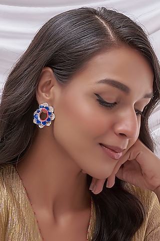 Two Tone Finish Blue Quartz & Zirconia Stud Earrings In Sterling Silver by Plume Jewellery