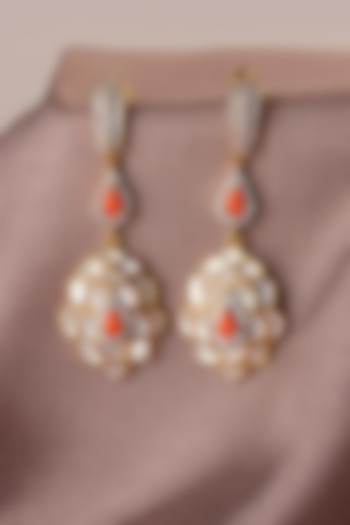Gold Finish Pearl Dangler Earrings In Sterling Silver by Plume Jewellery