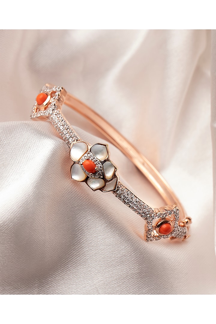 Rose Gold Finish Pearl & Zirconia Bracelet In Sterling Silver by Plume Jewellery