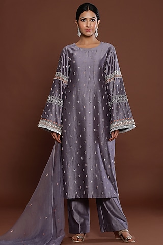 Grey Embroidered Kurta Set by Palak Khandelwal