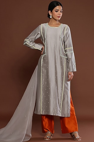 Grey Chanderi Kurta Set by Palak Khandelwal