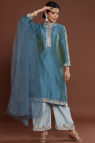 Blue Embroidered Kurta Set by Palak Khandelwal