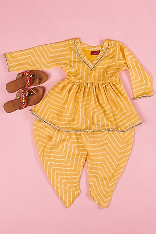 Yellow Georgette Satin Bandhani Dhoti Set For Girls by The Plum Bum