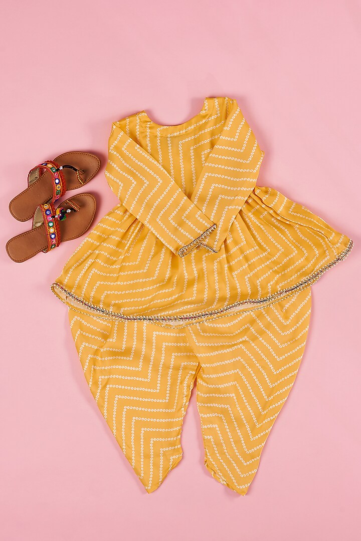 Yellow Georgette Satin Bandhani Dhoti Set For Girls by The Plum Bum at Pernia's Pop Up Shop