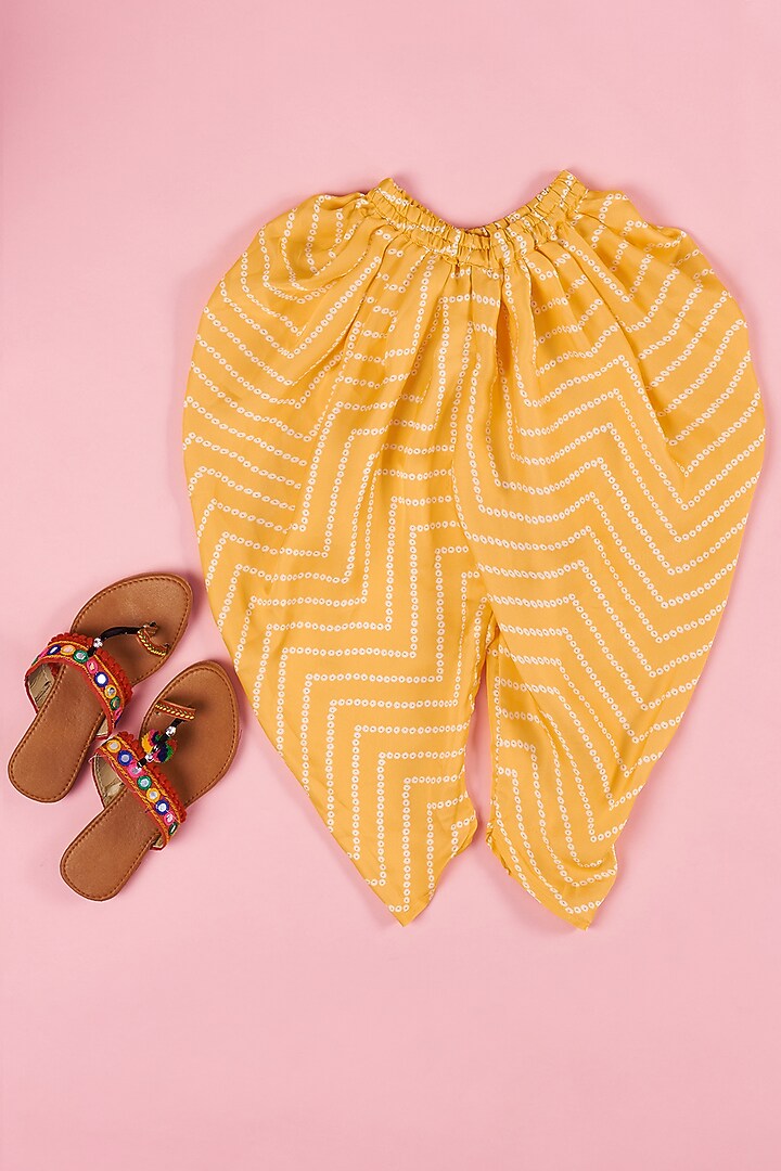 Yellow Georgette Satin Bandhani Dhoti Set For Girls by The Plum Bum at Pernia's Pop Up Shop