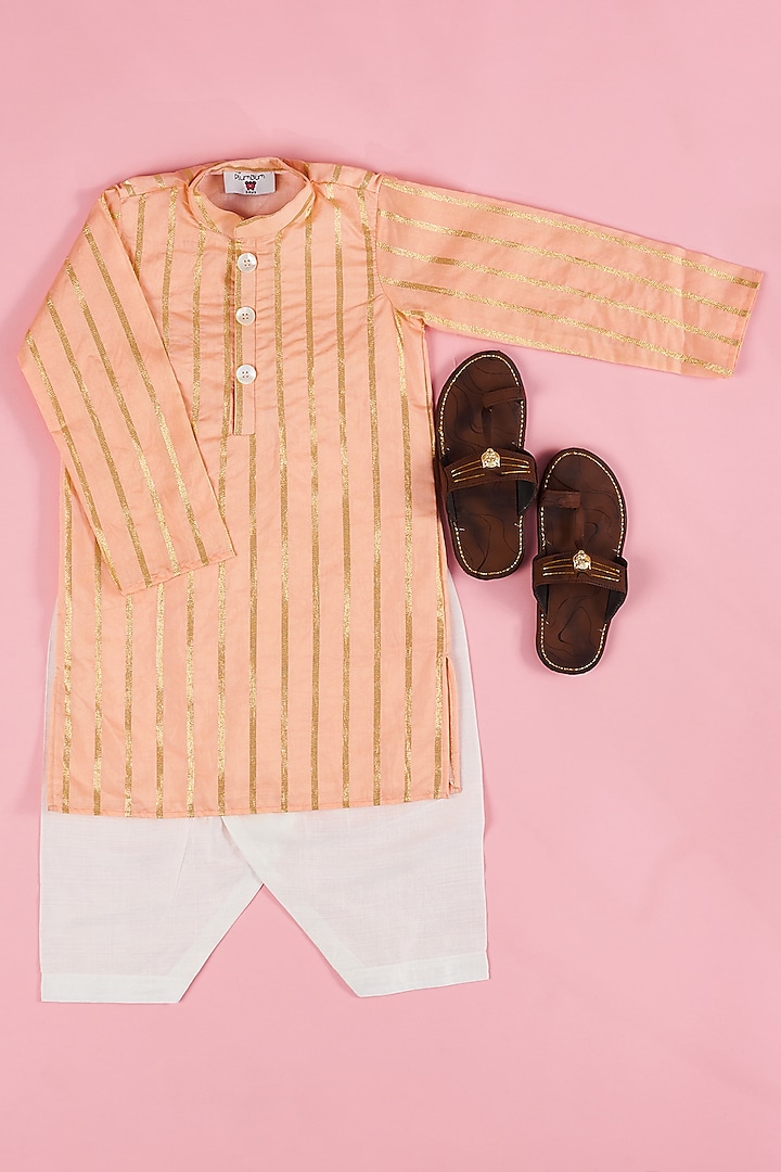 Peach Chanderi Striped Kurta Set For Boys by The Plum Bum