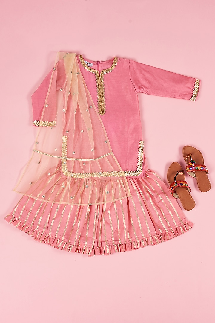 Coral Silk Chanderi Sharara Set For Girls by The Plum Bum